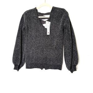 Gray Chenille Lace Back Bubble sleeveSweater‎